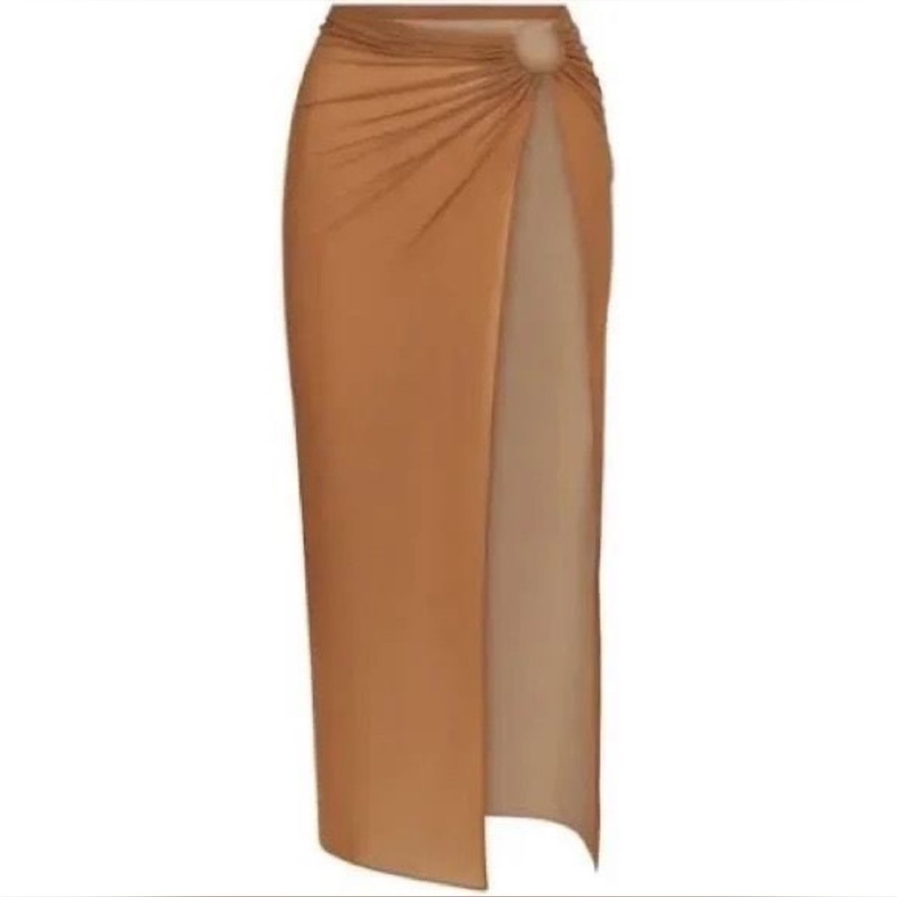 New Skims Ring Mesh sheer sarong slit midi skirt swim cover up almond plus 2X